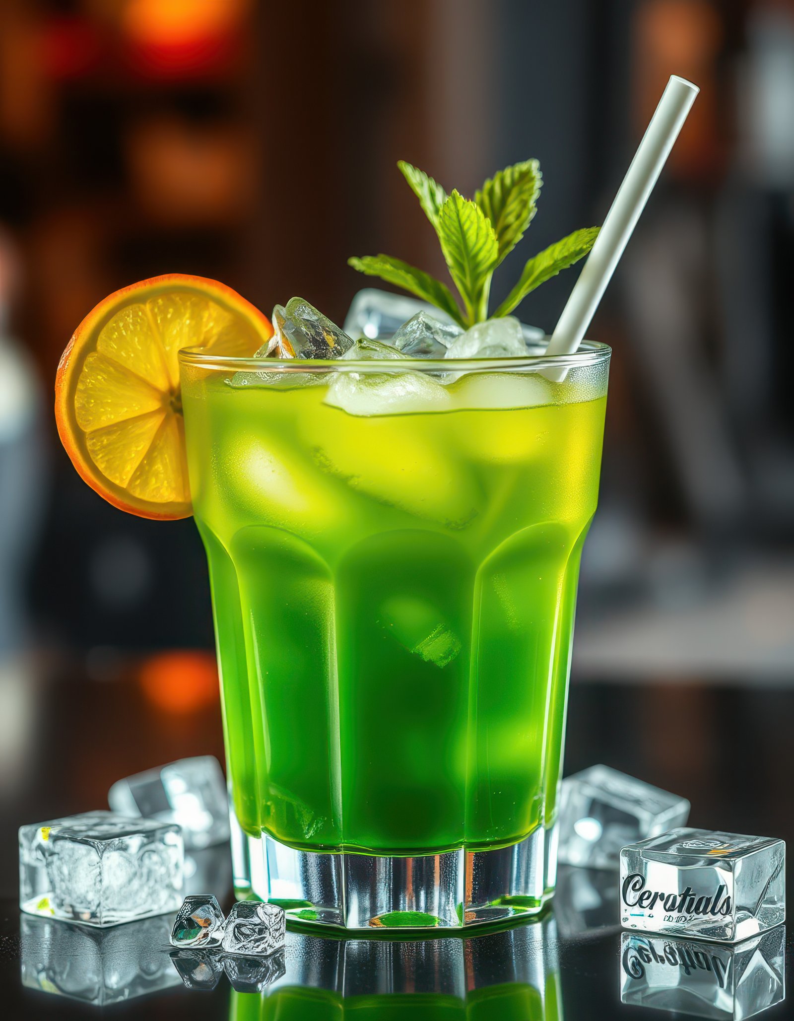 Refreshing green cocktail served with ice and garnished with mint and citrus in a classy bar setting